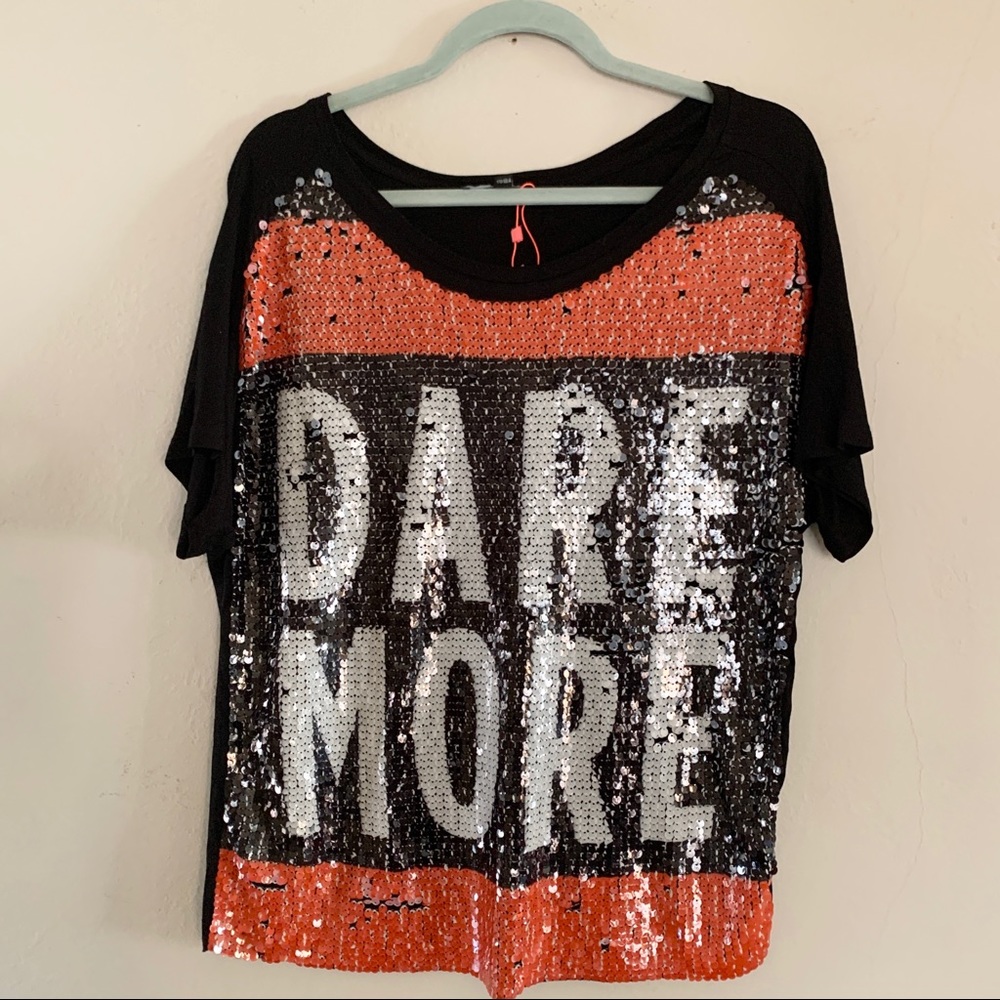 “Dare More” sequins graphic tee